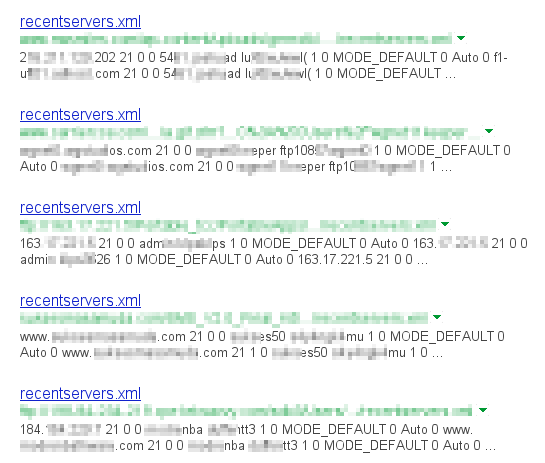 FileZilla recentservers.xml files with plain text passwords in Google search results.